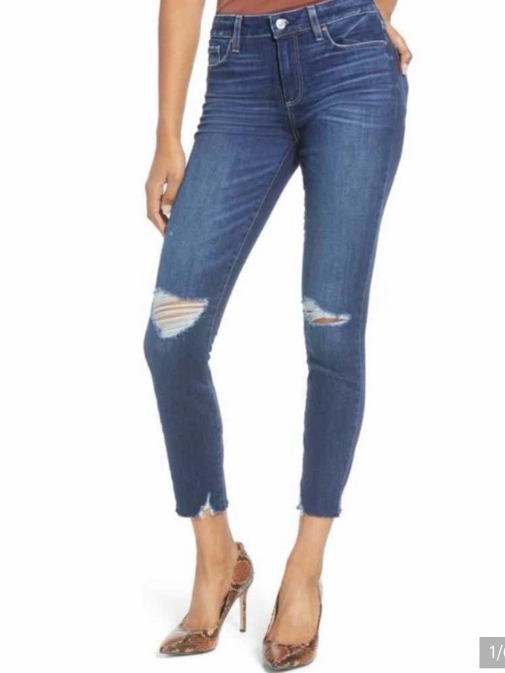 PAIGE Dark Blue Ripped Skinny Jeans